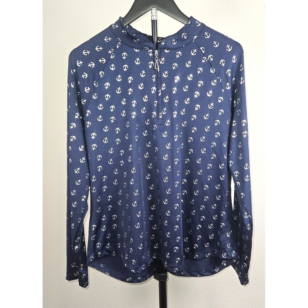 Emerald 18 Womens Large Navy‎ Anchor Print Quarter Zip Pullover Top Coastal AOP